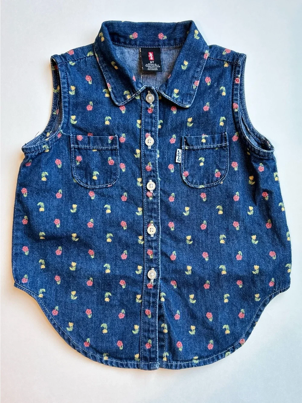 1999 Levi's Girls' Sleeveless Denim Button-Front Top - Blue Floral